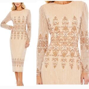 Mac Duggal 5576 Peach 18 Sequin Beaded Long Sleeve High Neck Midi Evening Dress
